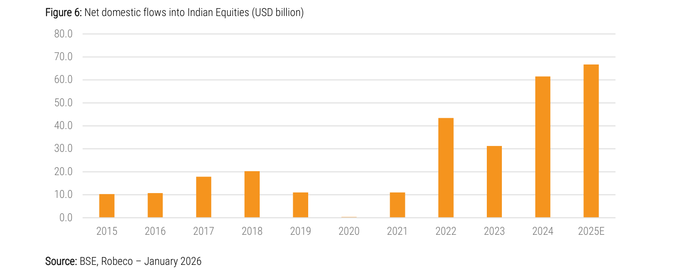 Gráfico de barras "Net domestic flows into Indian Equities (USD billion)" de 2015 a 2025E: en torno a 10 mil millones anuales entre 2015 y 2016, picos de unos 18-20 en 2017-2018, prácticamente cero en 2020, y un salto desde 2022 (unos 43) hasta superar 60 en 2024 y rozar 67 en 2025E